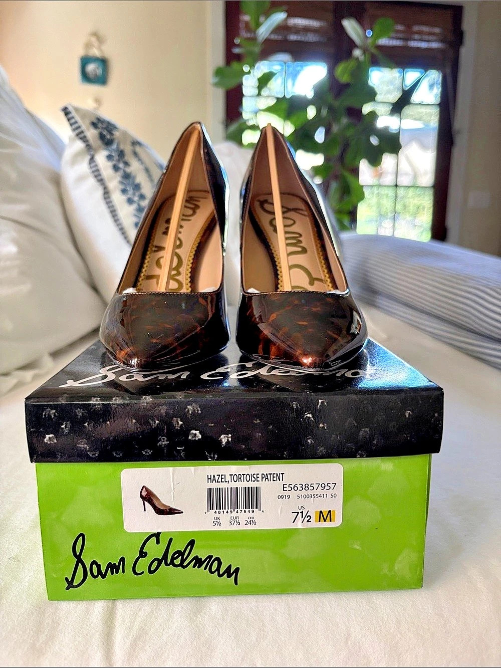 Sam Edelman Hazel Tortoise patent Pointed Toe Pump Brown & Black US 7.5 M